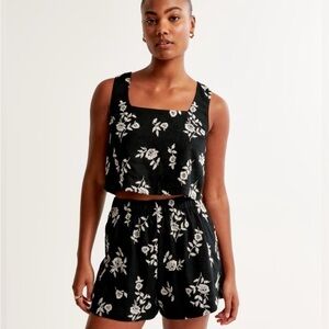 Abercrombie Linen Blended Embroidered Black Floral Two-Piece Set - Both Size M